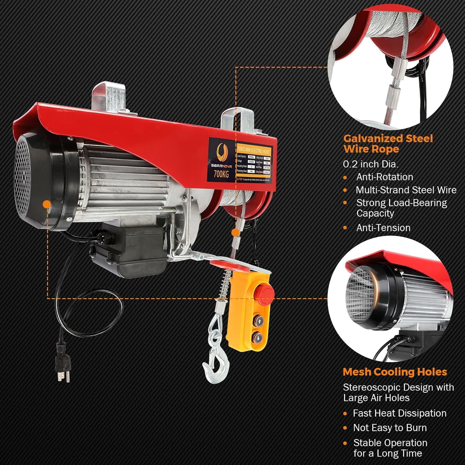 BEAMNOVA 1500lbs Electric Hoist, 110 volt Winch Upgraded Hanging Bracket Hook