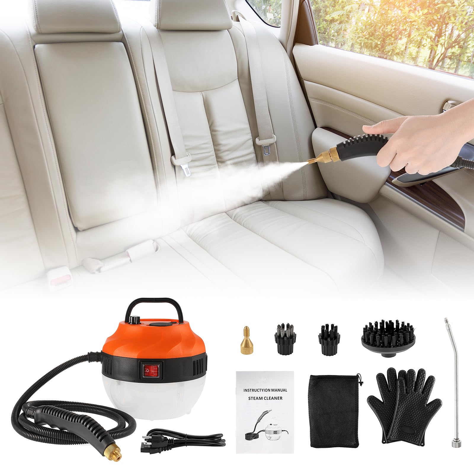 Portable Handheld Steam Cleaner, 2500W High Temperature Pressurized Steam  Machine for Car Detailing Tiles Floor Cleaning Steamer, Orange