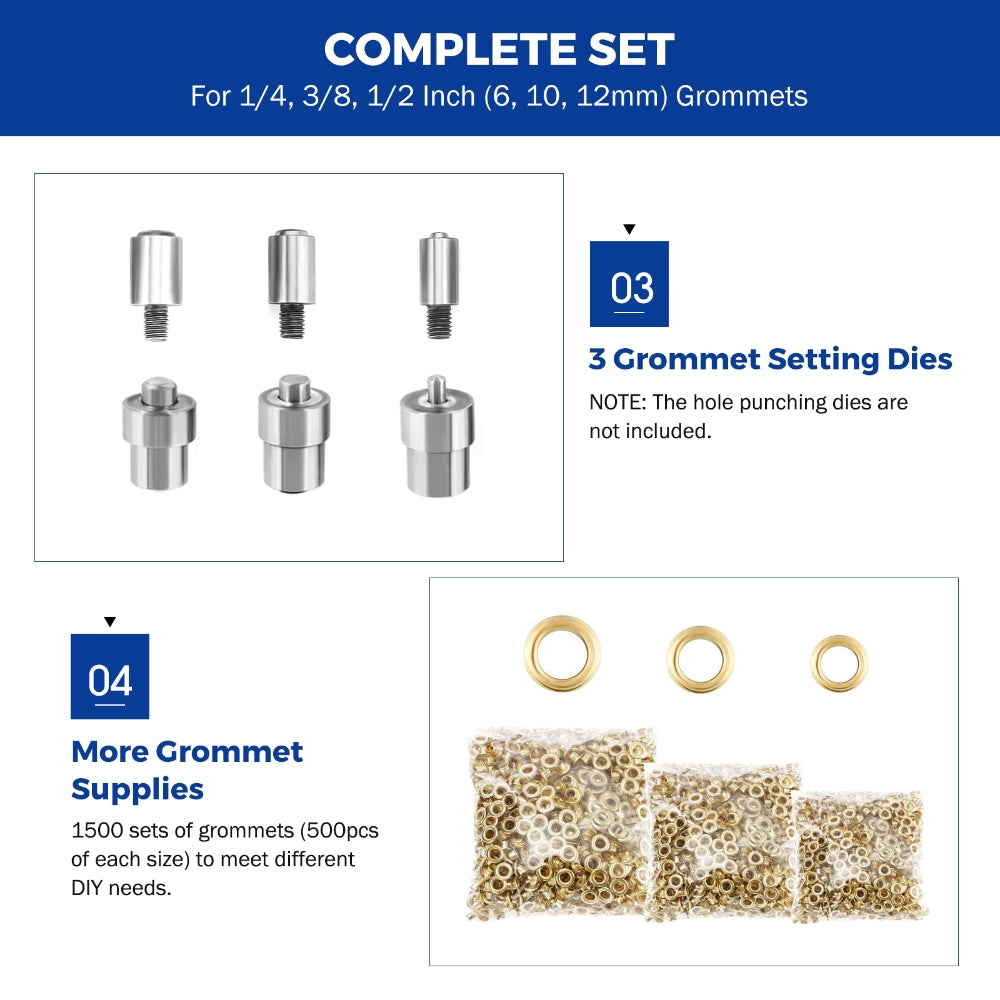 BEAMNOVA Grommet Machine Hand Press Tool Eyelet Kit W/ 3 Dies (#0#2#4) of  1/4, 3/8, 1/2 Inch (6, 10, 12mm), 1500 Golden Grommets