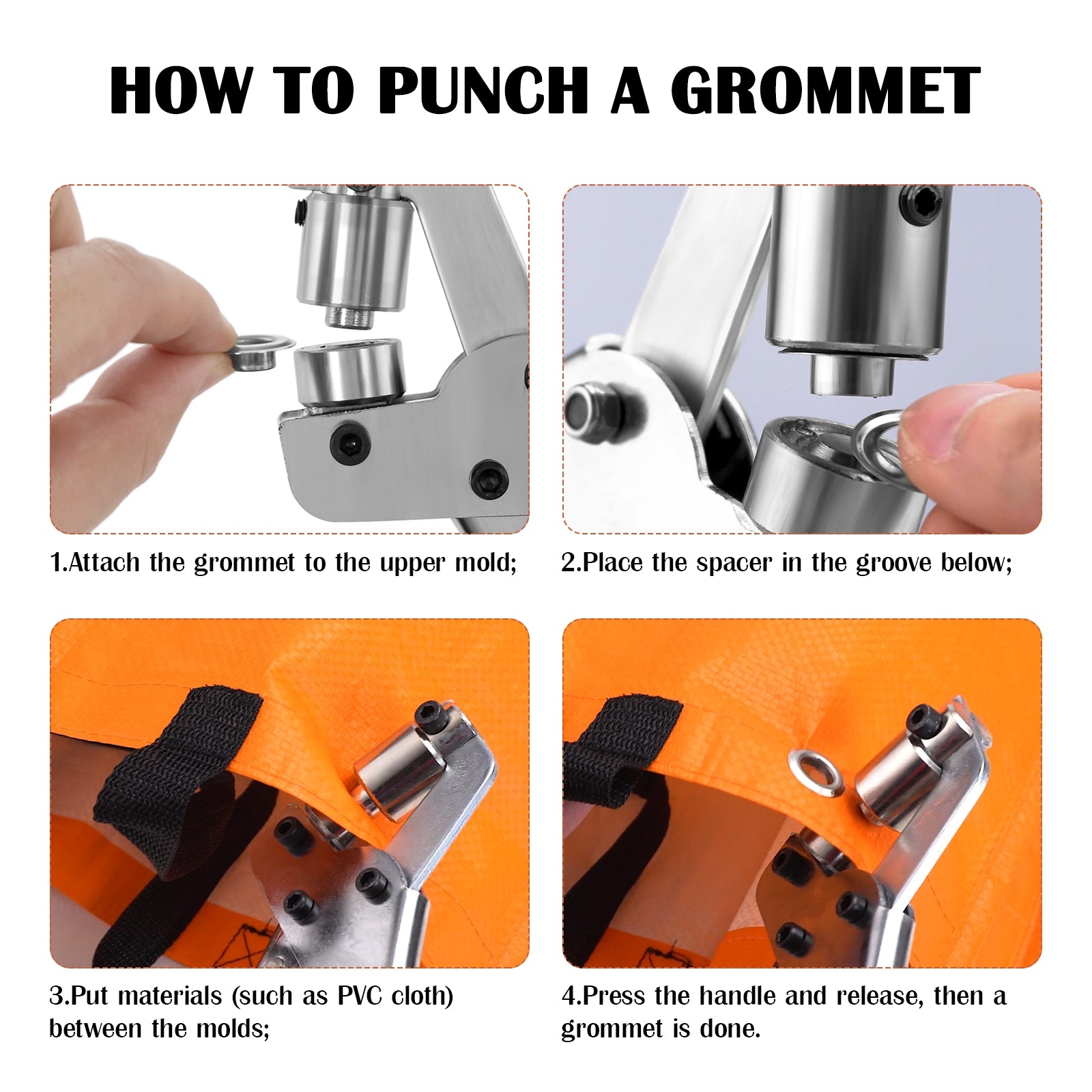 Preciva Grommet Tool Kit, Portable Handheld Hole Punch Pliers Grommet Kit, Hand Press Machine Manual Puncher with 500pcs Silver Grommet