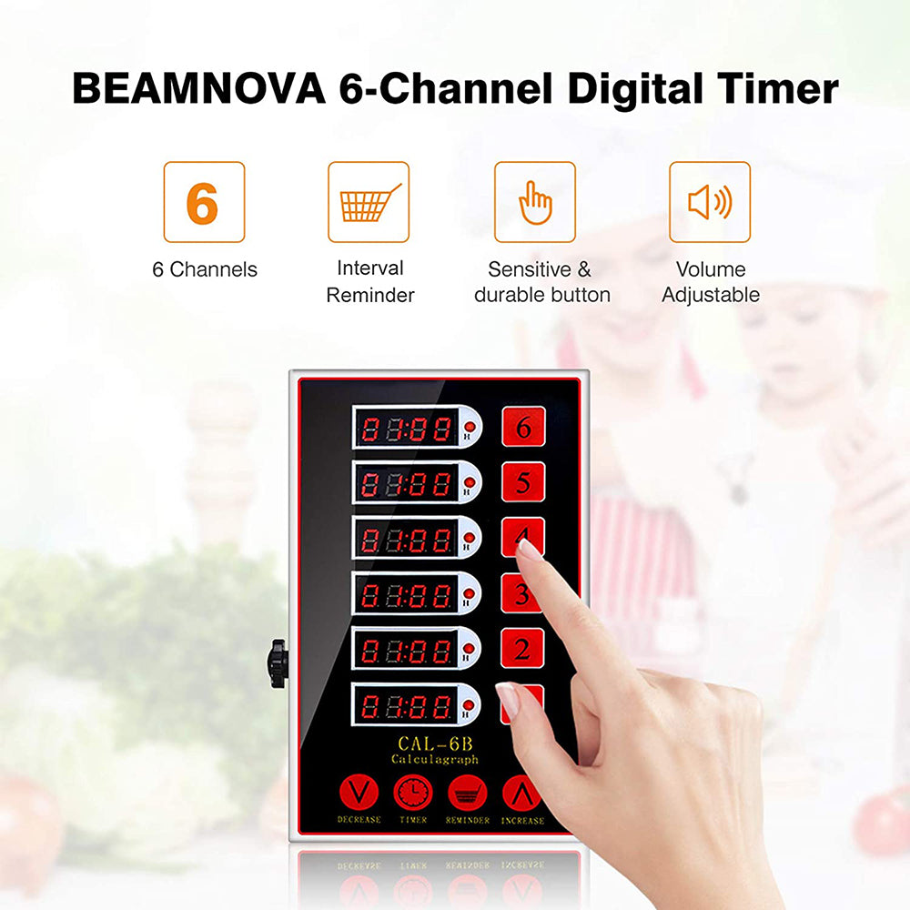 BEAMNOVA 8 Channel Digital Kitchen Timer Cooking Reminder Commercial Loud Ring Alarm Stainless Steel Adjustable Volume