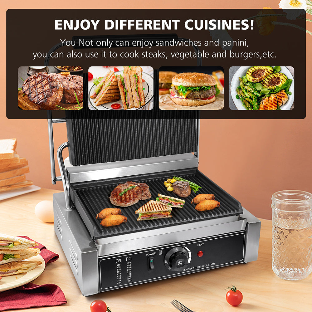 2200W Commercial Panini Maker Sandwich Press Grill Electric Sandwich Maker  Non Stick Surface Kitchen Equipment for Making Hamburgers Steaks Bacons