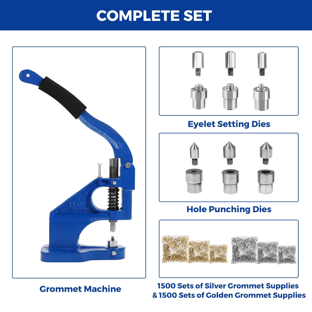 Hand Press Grommeting Machine Grommet Press Eyelet Machine Punch Tool Kit 3  Dies 1/4, 3/8, 1/2 Inch with 1500pcs Grommets for Banner Signs Posters